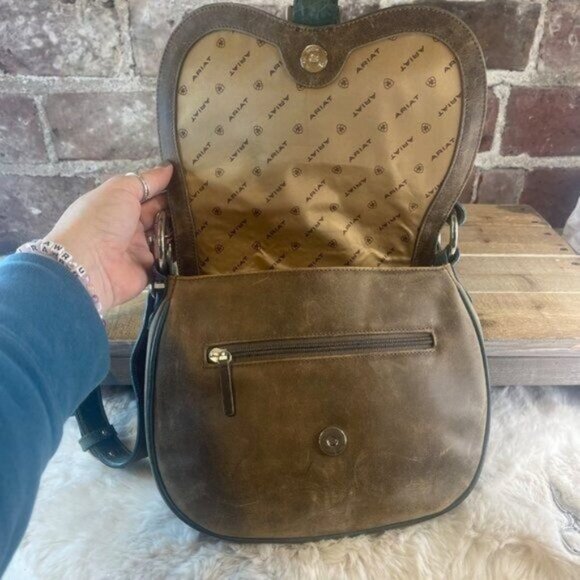 Ariat Western Teal Blue & Brown Leather Shoulder Bag Purse With Buckle Flap Clos - Picture 7 of 9
